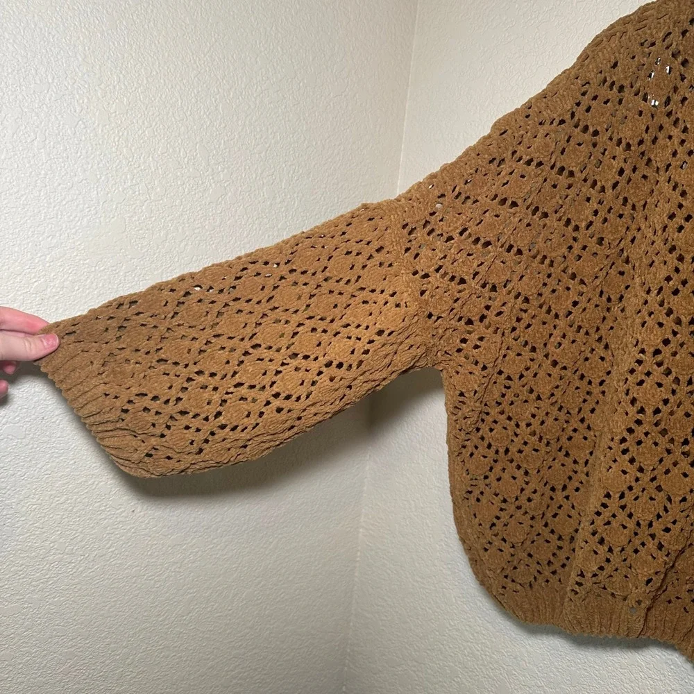 POL Womens Large Open Knit Sweater‎ Crochet Brown Boho Festival Chunky Oversized